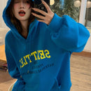 Dazy sudadera casual de mujer con bolsillo tipo kanguro y grafico de letras, sudadera con capucha azul