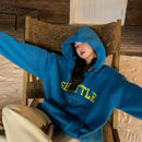 Dazy sudadera casual de mujer con bolsillo tipo kanguro y grafico de letras, sudadera con capucha azul