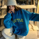 Dazy sudadera casual de mujer con bolsillo tipo kanguro y grafico de letras, sudadera con capucha azul