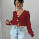 Raffinea blusa casual de manga larga con botones de unicolor, para uso diario