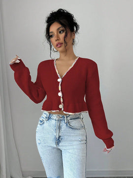 Raffinea blusa casual de manga larga con botones de unicolor, para uso diario