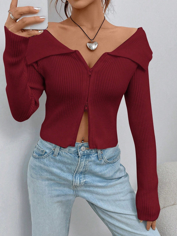 Ezwear chaqueta tipo cardigan de ajuste cenido con hombros descubiertos y cremallera