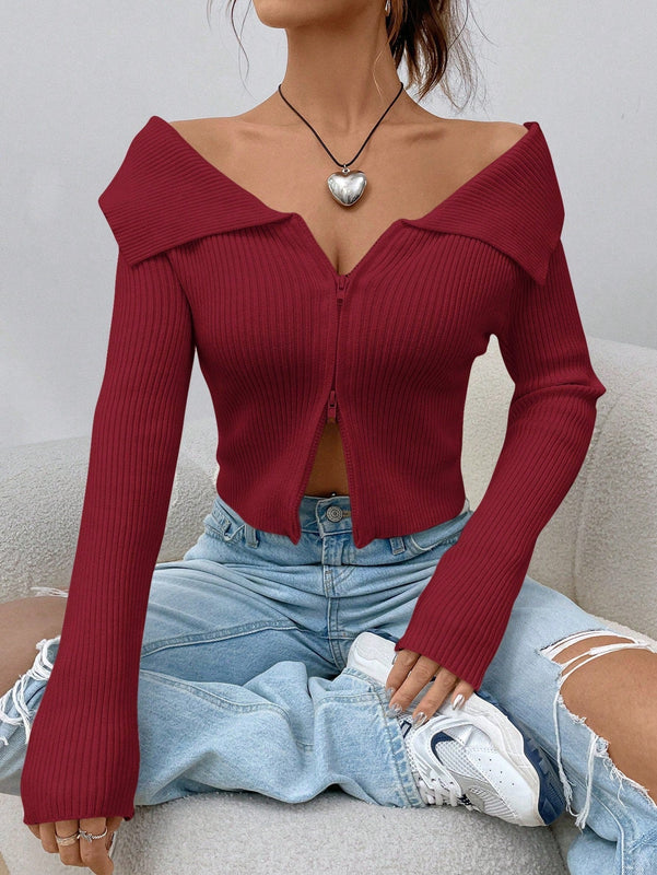 Ezwear chaqueta tipo cardigan de ajuste cenido con hombros descubiertos y cremallera
