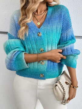 Relaxiva cardigan de punto con botones delanteros, manga larga, de color ombre, hecho de un hilado jaspeado y tejido de nervio