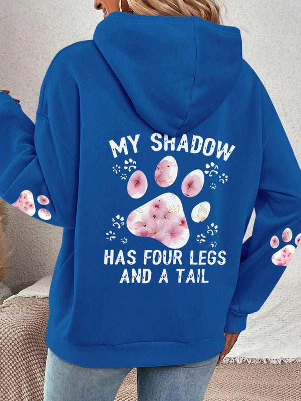 Lune sudadera con capucha informal para mujer con estampado de letra y pata de perro, para otono/invierno