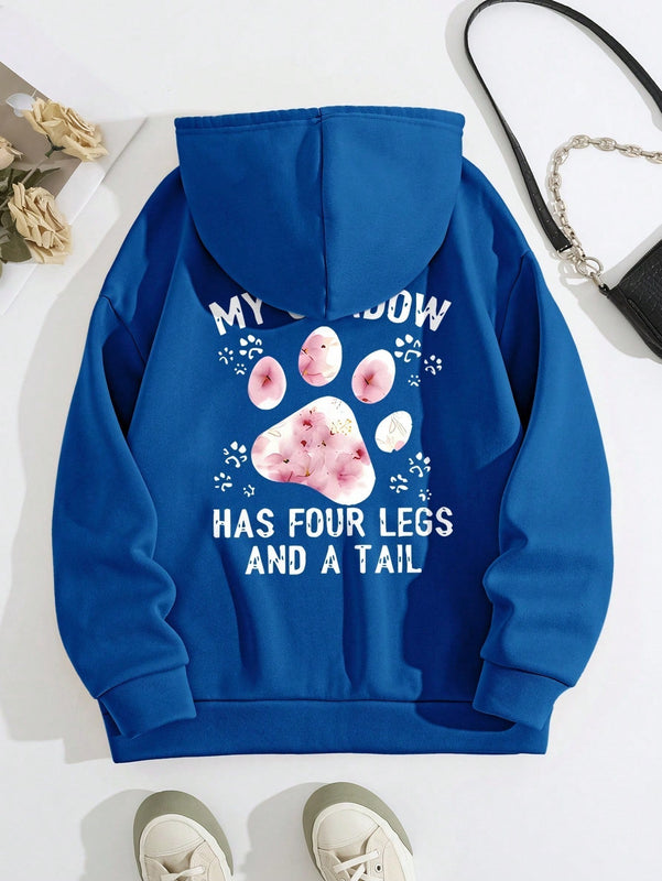 Lune sudadera con capucha informal para mujer con estampado de letra y pata de perro, para otono/invierno