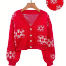 Cardigan corto de mujer con patron de copos de nieve rojos para navidad, sueter vintage de manga larga con botones delanteros, hombros caidos, informal para otono e invierno