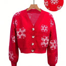 Cardigan corto de mujer con patron de copos de nieve rojos para navidad, sueter vintage de manga larga con botones delanteros, hombros caidos, informal para otono e invierno