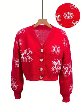 Cardigan corto de mujer con patron de copos de nieve rojos para navidad, sueter vintage de manga larga con botones delanteros, hombros caidos, informal para otono e invierno