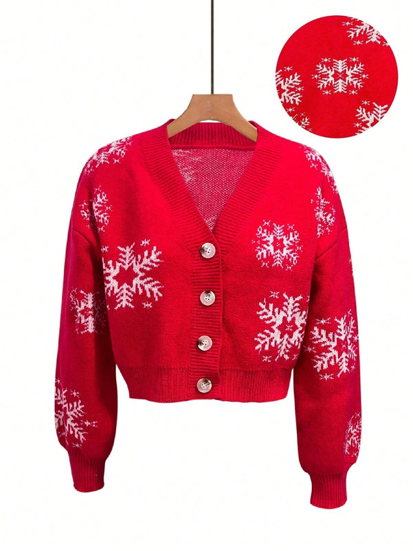 Cardigan corto de mujer con patron de copos de nieve rojos para navidad, sueter vintage de manga larga con botones delanteros, hombros caidos, informal para otono e invierno