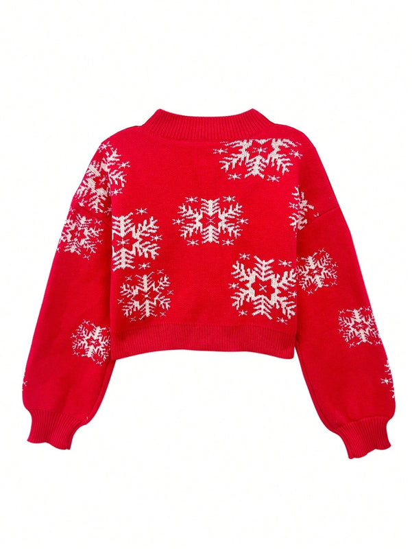 Cardigan corto de mujer con patron de copos de nieve rojos para navidad, sueter vintage de manga larga con botones delanteros, hombros caidos, informal para otono e invierno