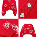 Cardigan corto de mujer con patron de copos de nieve rojos para navidad, sueter vintage de manga larga con botones delanteros, hombros caidos, informal para otono e invierno