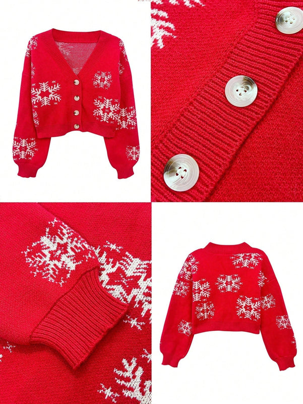 Cardigan corto de mujer con patron de copos de nieve rojos para navidad, sueter vintage de manga larga con botones delanteros, hombros caidos, informal para otono e invierno