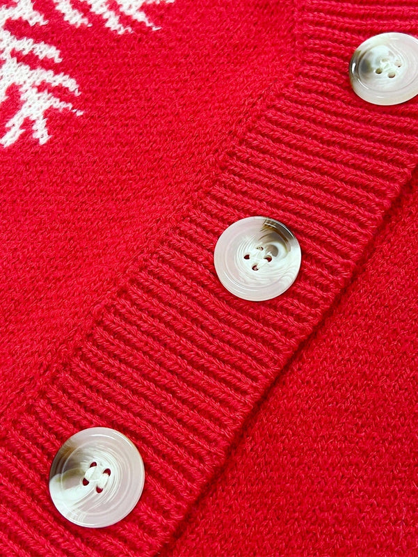 Cardigan corto de mujer con patron de copos de nieve rojos para navidad, sueter vintage de manga larga con botones delanteros, hombros caidos, informal para otono e invierno