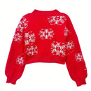 Cardigan corto de mujer con patron de copos de nieve rojos para navidad, sueter vintage de manga larga con botones delanteros, hombros caidos, informal para otono e invierno