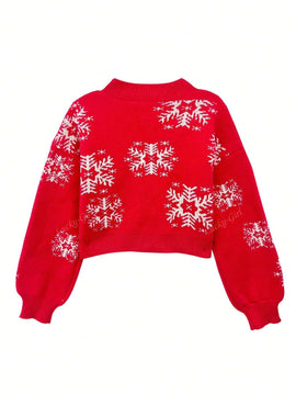 Cardigan corto de mujer con patron de copos de nieve rojos para navidad, sueter vintage de manga larga con botones delanteros, hombros caidos, informal para otono e invierno