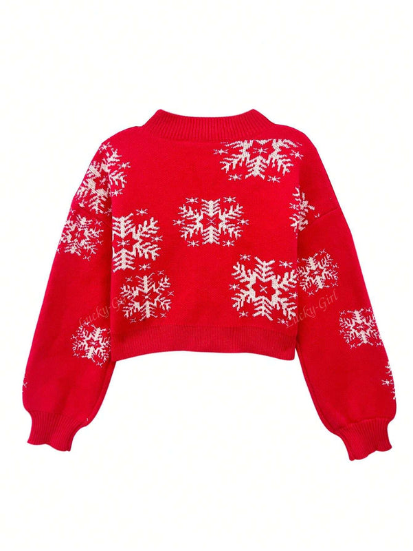 Cardigan corto de mujer con patron de copos de nieve rojos para navidad, sueter vintage de manga larga con botones delanteros, hombros caidos, informal para otono e invierno