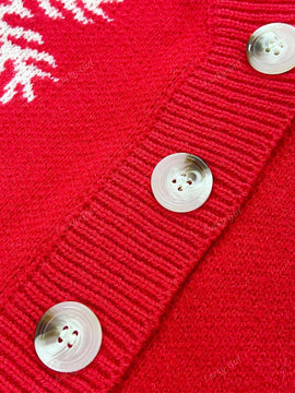 Cardigan corto de mujer con patron de copos de nieve rojos para navidad, sueter vintage de manga larga con botones delanteros, hombros caidos, informal para otono e invierno