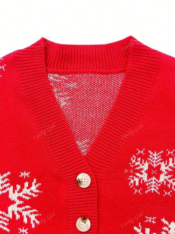 Cardigan corto de mujer con patron de copos de nieve rojos para navidad, sueter vintage de manga larga con botones delanteros, hombros caidos, informal para otono e invierno