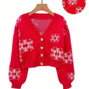 Cardigan corto de mujer con patron de copos de nieve rojos para navidad, sueter vintage de manga larga con botones delanteros, hombros caidos, informal para otono e invierno
