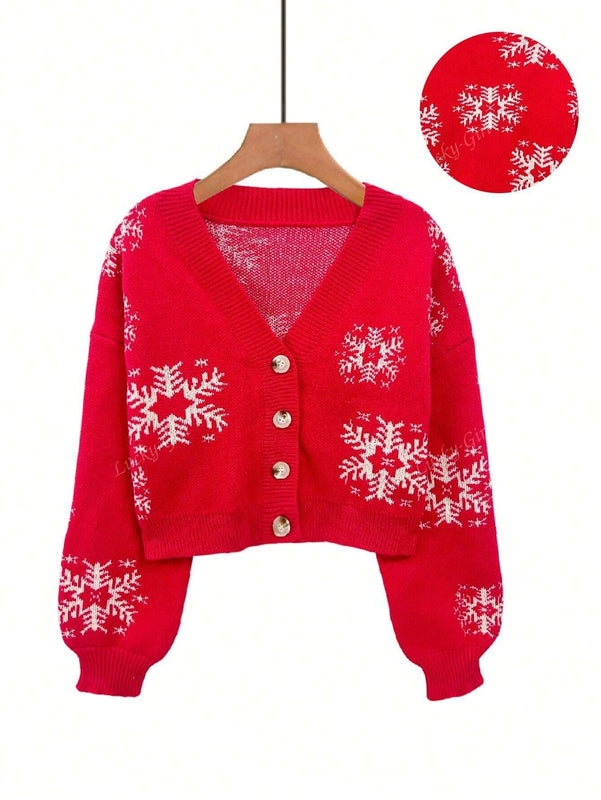 Cardigan corto de mujer con patron de copos de nieve rojos para navidad, sueter vintage de manga larga con botones delanteros, hombros caidos, informal para otono e invierno