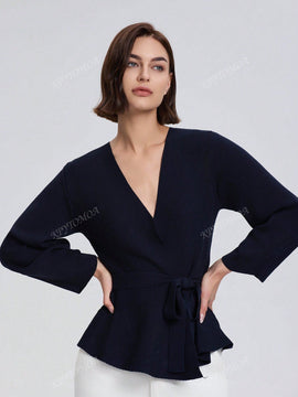 Cardigan de punto de manga larga con cinturon de unicolor para mujer, otono/invierno