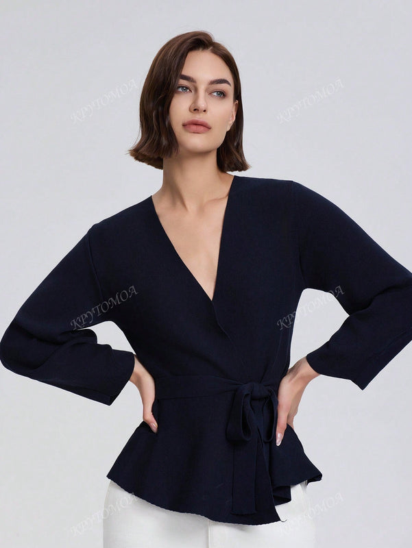 Cardigan de punto de manga larga con cinturon de unicolor para mujer, otono/invierno
