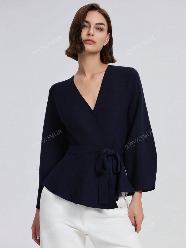 Cardigan de punto de manga larga con cinturon de unicolor para mujer, otono/invierno