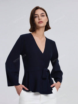 Cardigan de punto de manga larga con cinturon de unicolor para mujer, otono/invierno