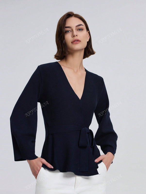 Cardigan de punto de manga larga con cinturon de unicolor para mujer, otono/invierno