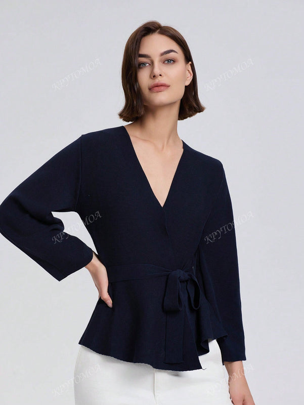 Cardigan de punto de manga larga con cinturon de unicolor para mujer, otono/invierno