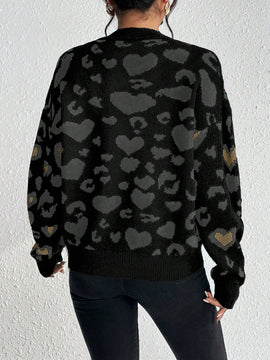 Essnce cardigan de manga larga con hombros caidos y estampado de leopardo para mujer, otono/invierno