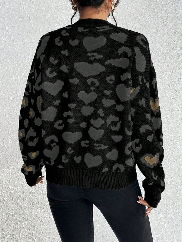 Essnce cardigan de manga larga con hombros caidos y estampado de leopardo para mujer, otono/invierno