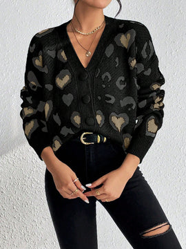 Essnce cardigan de manga larga con hombros caidos y estampado de leopardo para mujer, otono/invierno