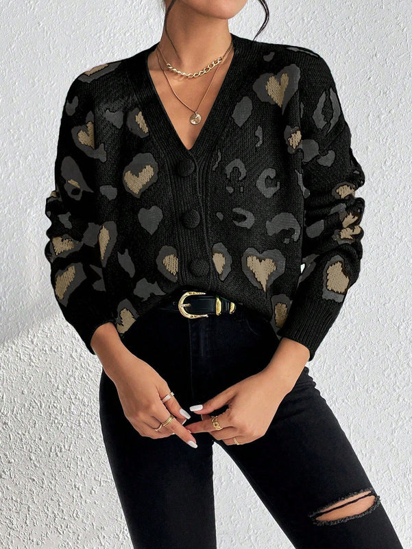 Essnce cardigan de manga larga con hombros caidos y estampado de leopardo para mujer, otono/invierno