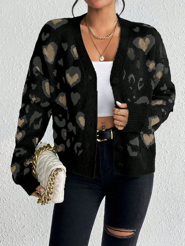 Essnce cardigan de manga larga con hombros caidos y estampado de leopardo para mujer, otono/invierno