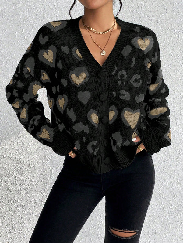Essnce cardigan de manga larga con hombros caidos y estampado de leopardo para mujer, otono/invierno