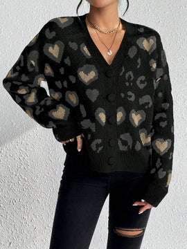 Essnce cardigan de manga larga con hombros caidos y estampado de leopardo para mujer, otono/invierno