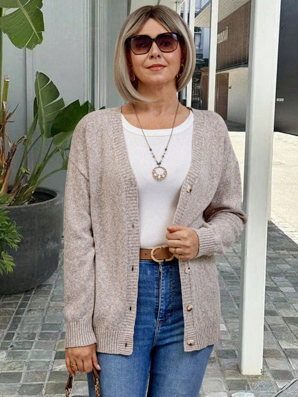 Emery rose cardigan de punto de manga larga casual con cuello en v y botones delanteros de color liso