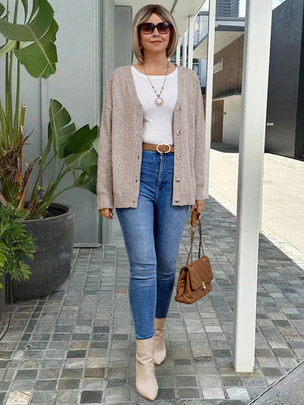 Emery rose cardigan de punto de manga larga casual con cuello en v y botones delanteros de color liso