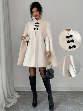 Elenzya capa, poncho y capa con cuello de pie, decoracion de botones con bloque de color en estilo chino, abrigo de lana grueso para mujer, otono/invierno