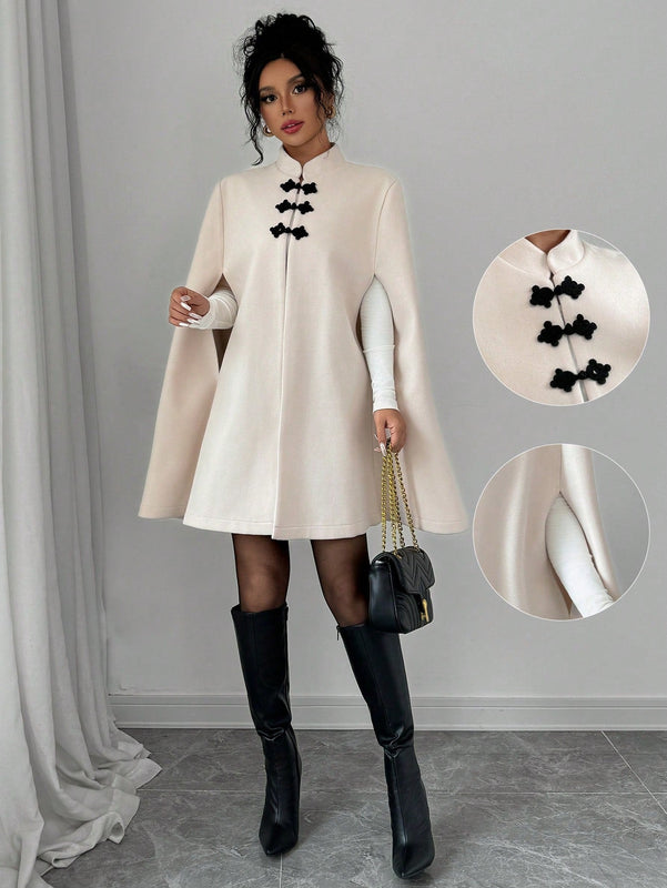 Elenzya abrigo capa elegante con cuello de pie, decoracion de botones y bloque de color con estilo chino para mujeres, tela de lana gruesa, otono/invierno
