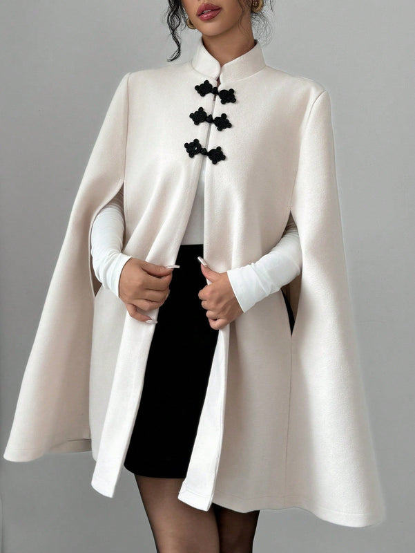 Elenzya abrigo capa elegante con cuello de pie, decoracion de botones y bloque de color con estilo chino para mujeres, tela de lana gruesa, otono/invierno