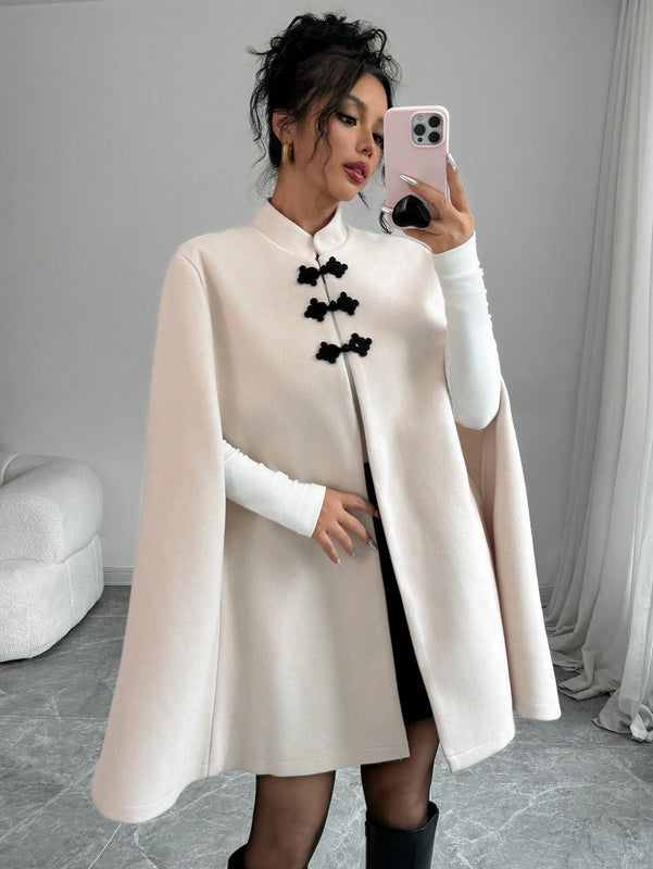 Elenzya abrigo capa elegante con cuello de pie, decoracion de botones y bloque de color con estilo chino para mujeres, tela de lana gruesa, otono/invierno
