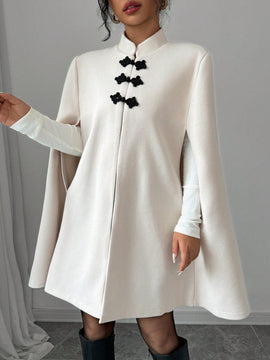 Elenzya capa, poncho y capa con cuello de pie, decoracion de botones con bloque de color en estilo chino, abrigo de lana grueso para mujer, otono/invierno