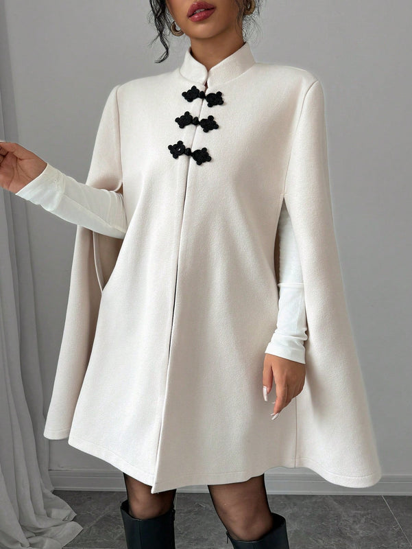 Elenzya abrigo capa elegante con cuello de pie, decoracion de botones y bloque de color con estilo chino para mujeres, tela de lana gruesa, otono/invierno
