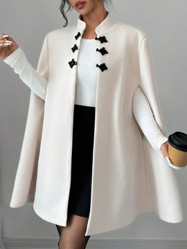 Elenzya capa, poncho y capa con cuello de pie, decoracion de botones con bloque de color en estilo chino, abrigo de lana grueso para mujer, otono/invierno