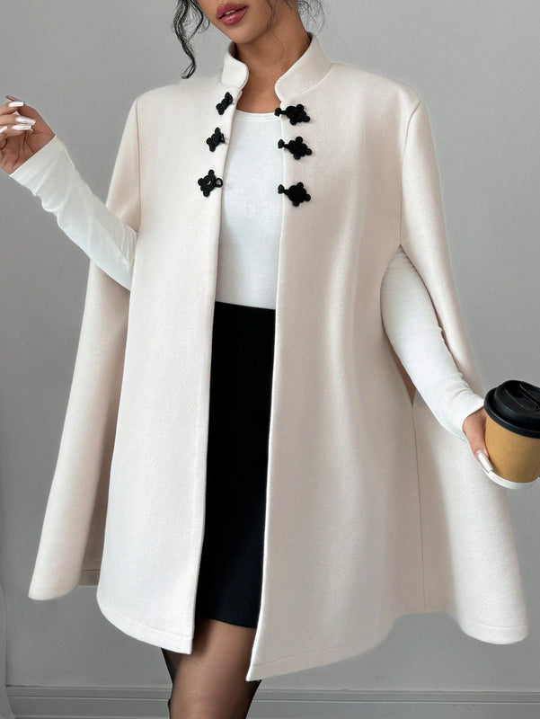 Elenzya abrigo capa elegante con cuello de pie, decoracion de botones y bloque de color con estilo chino para mujeres, tela de lana gruesa, otono/invierno