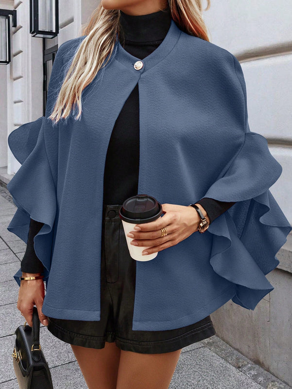 Clasi abrigo de lana elegante con cuello vuelto y abotonadura sencilla, en unicolor, para mujer, para otono/invierno