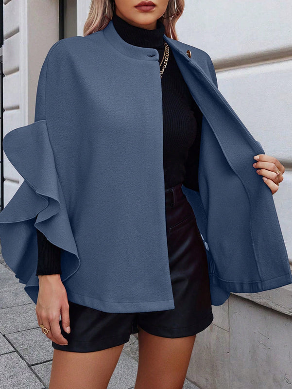 Clasi 1 pieza abrigo elegante de lana con un solo abotonadura, bajo con volantes y unicolor para mujer, otono/invierno